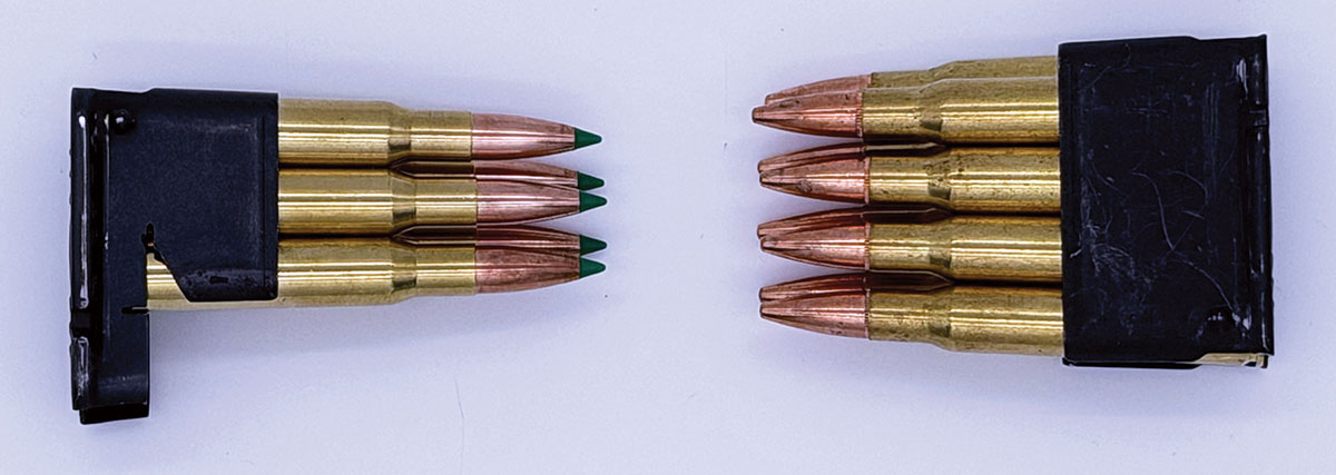 A modified clip (left) holding 5 rounds and a traditional 8-round clip (right) are shown.
